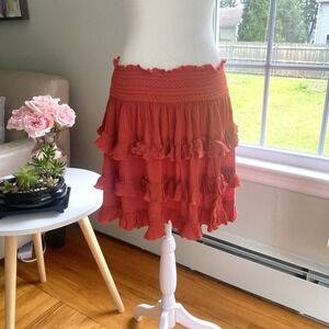 Tea 'N Lace Ruffle Skirt Orange Elastic Waist Flowy Tiered Boho Fairycore Size S